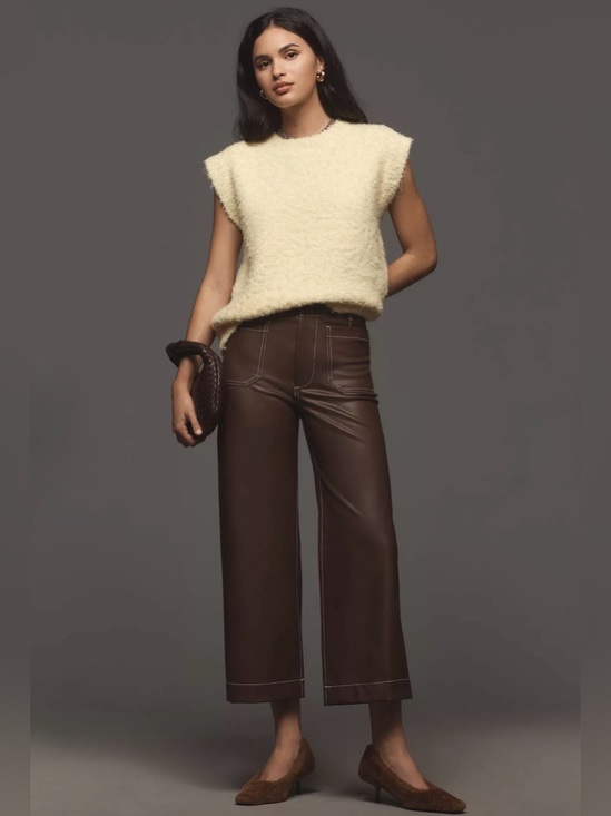 Maeve Pants - Maeve Cropped Faux-Leather Wide-Leg Pants in Dark Brown